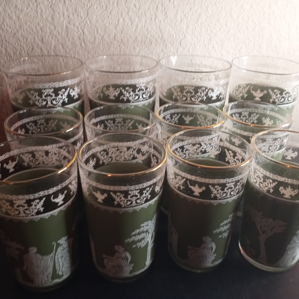 STUNNING Wedgwood Jasperware Jeannette Hellenic Grecian Green Glass Tumblers Set